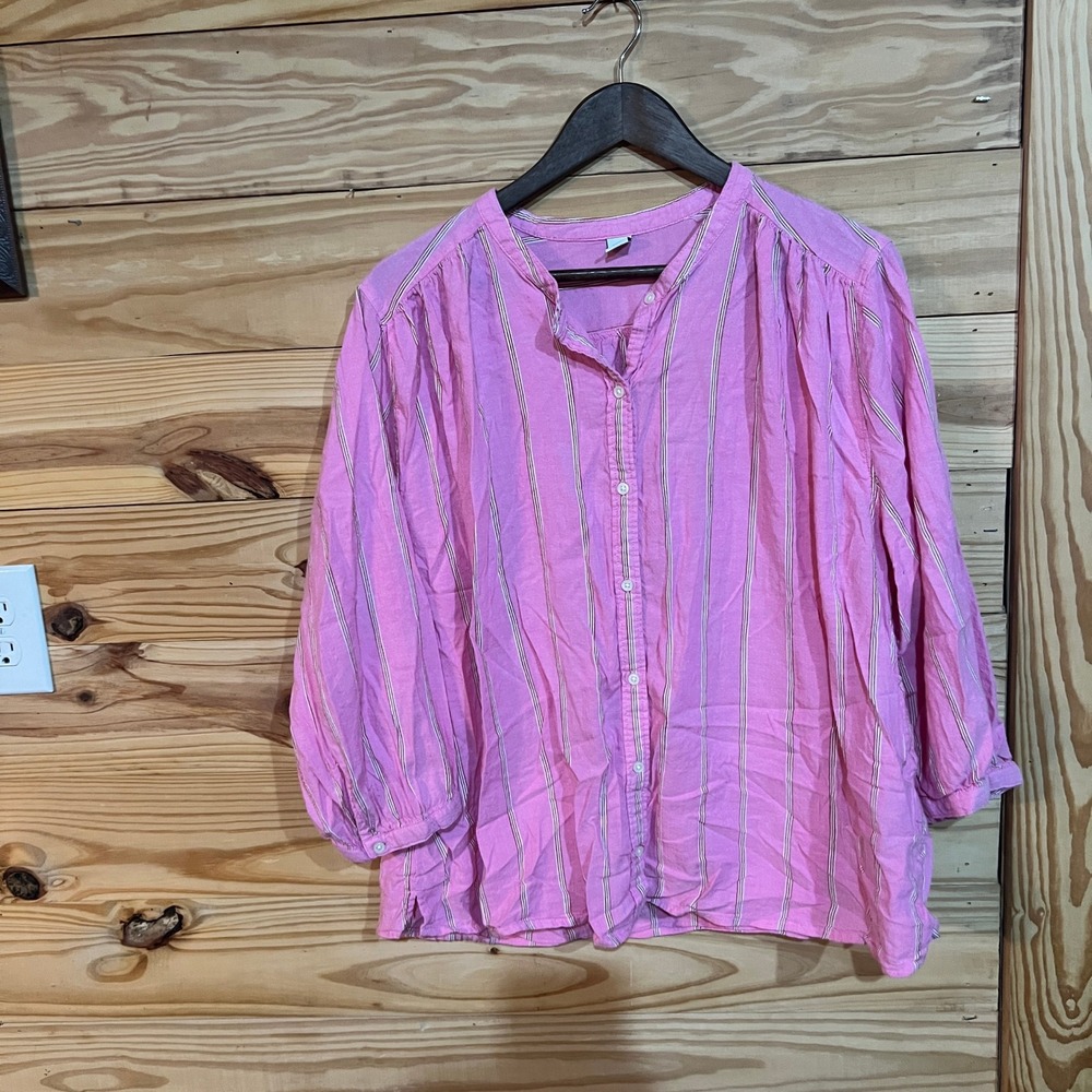 Old Navy Blouse Women's XL Pink Stripe 3/4 Sleeve Button Front Boho Top